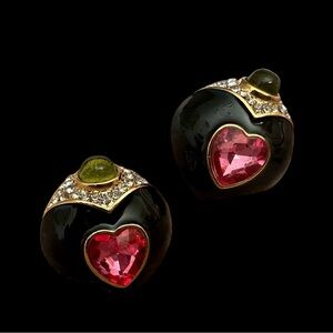 High 90’s designer earrings, black enamel pink heart center stone with cabochon